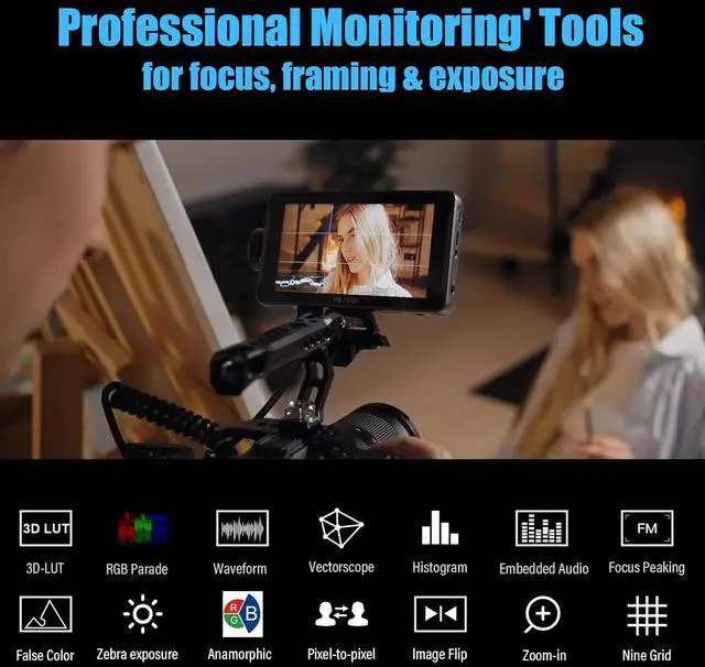 Alt view image 4 of 7 - DC550 5.5" Full HD HDMI On-Camera Monitor Kit, 1200nit Touch Screen Camera Field Monitor with Hood, Battery, Storage Bag for  Canon Nikon Camera, 3DLUT Focus peaking Histogram False Colors