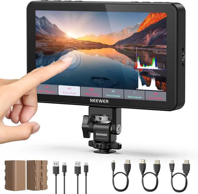 Main image of F700 7" Camera Field Monitor, 2000nit HD 1920x1080 IPS Touch Screen with 3D LUT, 4K HDMI Loop in/Out with Peak Focus DSLR Video Assist HDR Waveform, Cold Shoe Mount, 2 NP-F750 Batteries & Cable