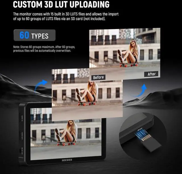 Alt view image 4 of 7 - F700 7" Camera Field Monitor, 2000nit HD 1920x1080 IPS Touch Screen with 3D LUT, 4K HDMI Loop in/Out with Peak Focus DSLR Video Assist HDR Waveform, Cold Shoe Mount, 2 NP-F750 Batteries & Cable