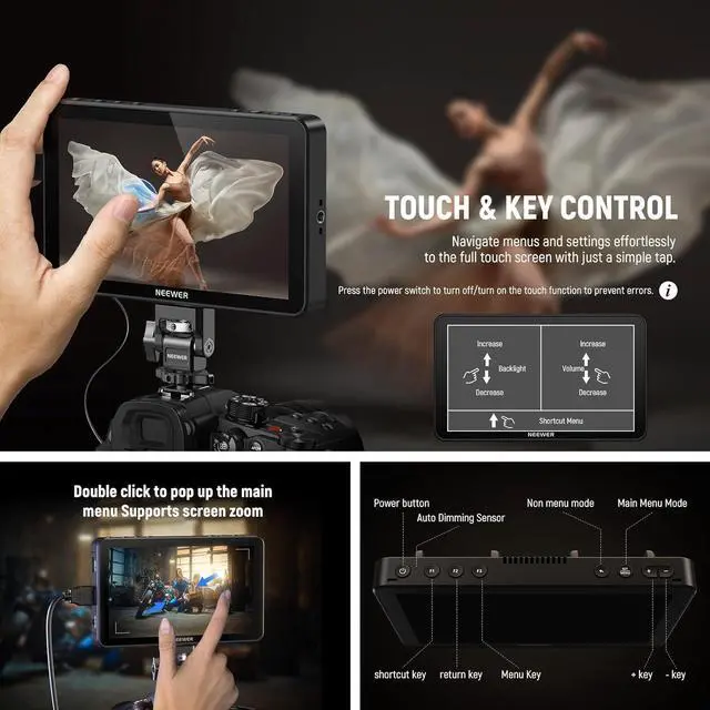 Alt view image 6 of 7 - F700 7" Camera Field Monitor, 2000nit HD 1920x1080 IPS Touch Screen with 3D LUT, 4K HDMI Loop in/Out with Peak Focus DSLR Video Assist HDR Waveform, Cold Shoe Mount, 2 NP-F750 Batteries & Cable