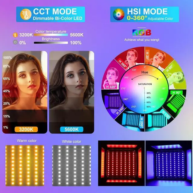 Alt view image 4 of 7 - 800D RGB Video Light Kits with 2 Softboxes, Studio Lights with Bluetooth Control, 2 Packs Photography Lighting with 18 Lighting Scenes, led Panel Lights for Video Recording