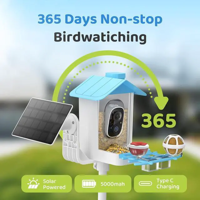 Alt view image 4 of 7 - Smart Bird Feeder with Camera Solar Powered, Birdfeeder Cam for Outside, AI Species Identify, 2K Live View, Instant Arrival Alerts, Bird Lover Gifts, Blue
