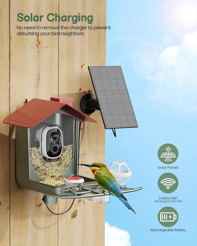 Alt view image 5 of 7 - Bird Feeder with Camera Outdoor Solar: Smart Birdfeeder Cam for Outside Garden - 2K HD Live Video Camera AI Recognition Visible Window Auto Capture - Bird Lover Gifts
