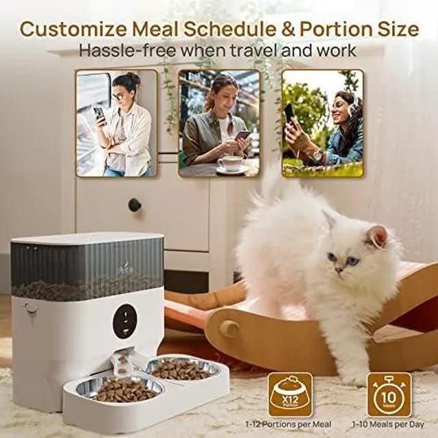 Alt view image 2 of 6 - Automatic WiFi Pet Feeder for 2 Pets, 5L Capacity, 1-10 Meals Per Day, Adjustable Bowl Height, Smart Dog Cat Feeder with 2 Stainless Steel Bowls, 2.4G WiFi App Control for Cats and Small Dogs
