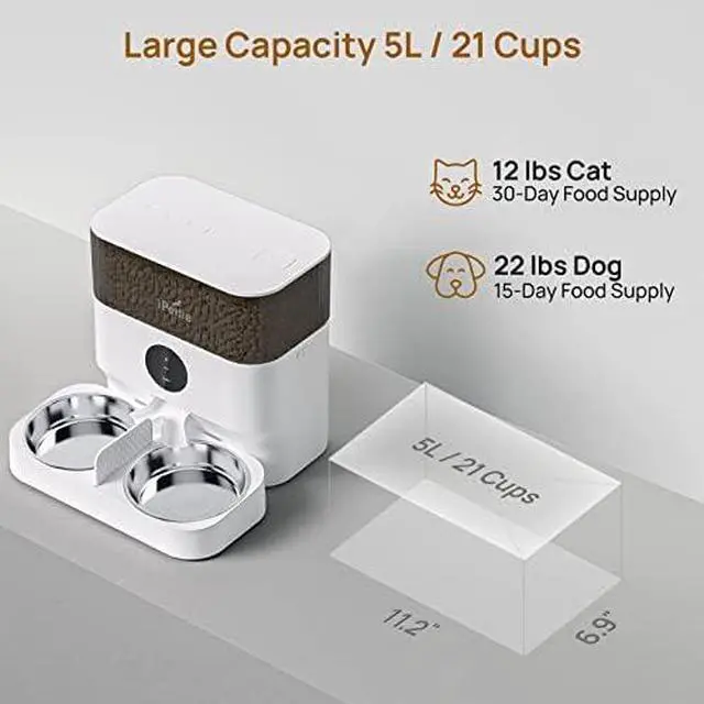 Alt view image 3 of 6 - Automatic WiFi Pet Feeder for 2 Pets, 5L Capacity, 1-10 Meals Per Day, Adjustable Bowl Height, Smart Dog Cat Feeder with 2 Stainless Steel Bowls, 2.4G WiFi App Control for Cats and Small Dogs