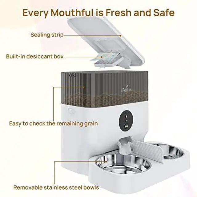 Alt view image 5 of 6 - Automatic WiFi Pet Feeder for 2 Pets, 5L Capacity, 1-10 Meals Per Day, Adjustable Bowl Height, Smart Dog Cat Feeder with 2 Stainless Steel Bowls, 2.4G WiFi App Control for Cats and Small Dogs