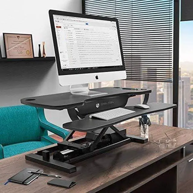 Alt view image 3 of 5 - Electric Standing Desk Converter, 48 Inch PowerPro Height-Adjustable Sit Stand Desktop Riser, Keyboard Tray, USB Charging Port, 48" W X 24" D, Black
