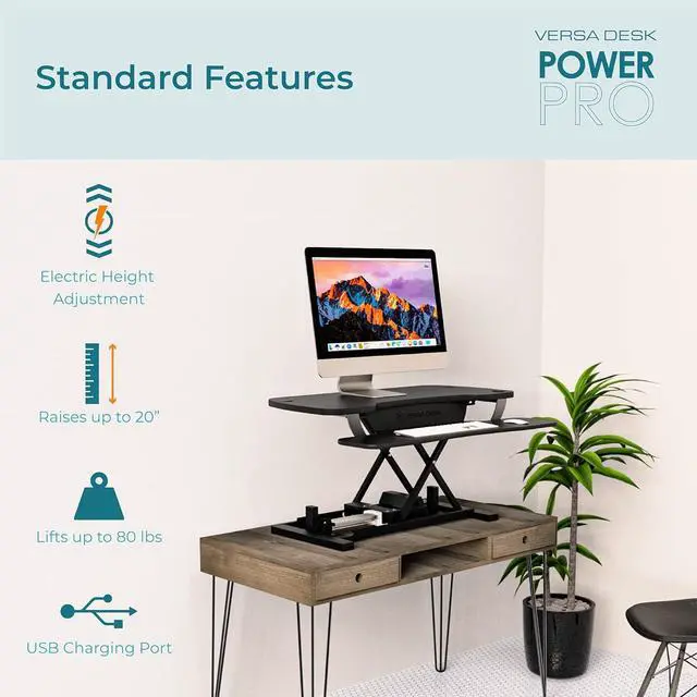 Alt view image 2 of 6 - ® PowerPro 40" Electric Standing Desk Converter - Adjustable Height Desktop Riser with USB Charging Outlet & Detachable Keyboard Tray Holds 80 lbs Large Small Items | Black by DT