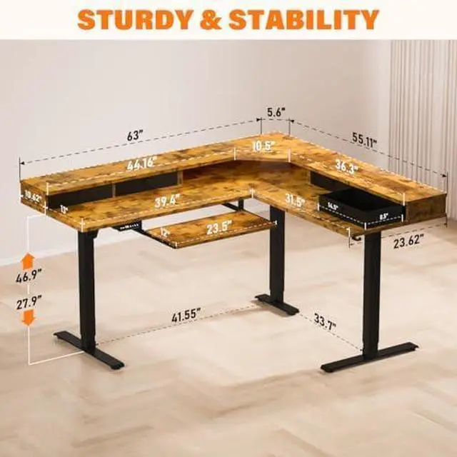 Main image of 63x55 L Shaped Electric Standing Desk with A/C Charging Port & Storage, Height Adjustable Corner Computer Gaming Table, Home Office Sit Stand Up Desk & Cable Management, Black