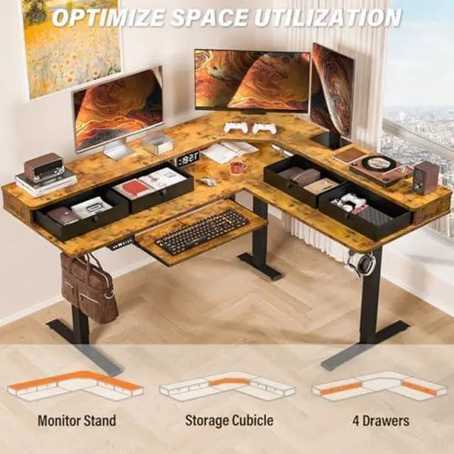 Alt view image 2 of 6 - 63x55 L Shaped Electric Standing Desk with A/C Charging Port & Storage, Height Adjustable Corner Computer Gaming Table, Home Office Sit Stand Up Desk & Cable Management, Black