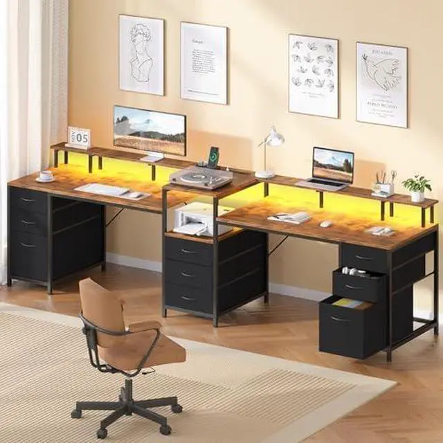 Alt view image 2 of 6 - 98.4" Long Computer Desk with 9 Drawers, 2 Person Gaming Desk with LED Lights & Power Outlet, Two Person Home Office Desk with Storage, Printer Shelf  Monitor Stand, Black