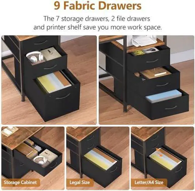 Alt view image 3 of 6 - 98.4" Long Computer Desk with 9 Drawers, 2 Person Gaming Desk with LED Lights & Power Outlet, Two Person Home Office Desk with Storage, Printer Shelf  Monitor Stand, Black