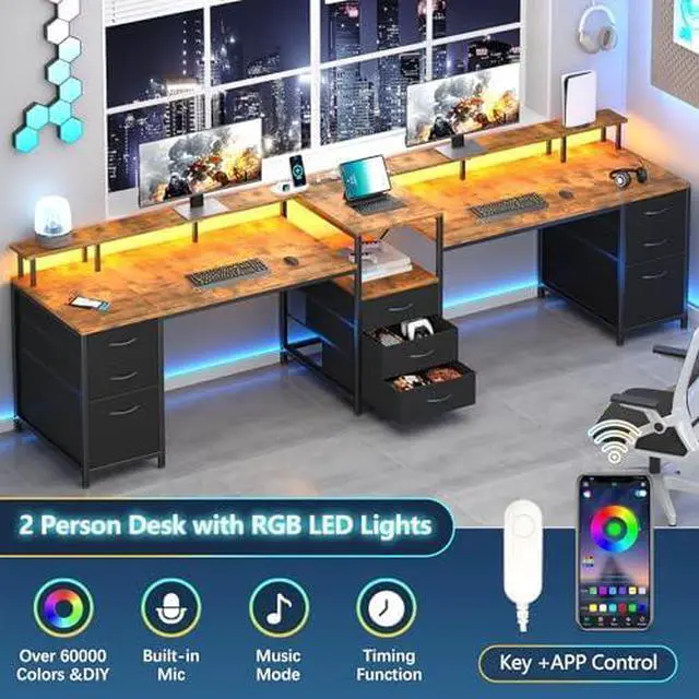 Alt view image 5 of 6 - 98.4" Long Computer Desk with 9 Drawers, 2 Person Gaming Desk with LED Lights & Power Outlet, Two Person Home Office Desk with Storage, Printer Shelf  Monitor Stand, Black