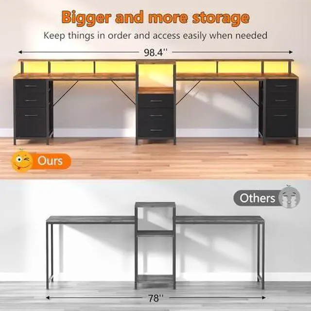 Alt view image 6 of 6 - 98.4" Long Computer Desk with 9 Drawers, 2 Person Gaming Desk with LED Lights & Power Outlet, Two Person Home Office Desk with Storage, Printer Shelf  Monitor Stand, Black