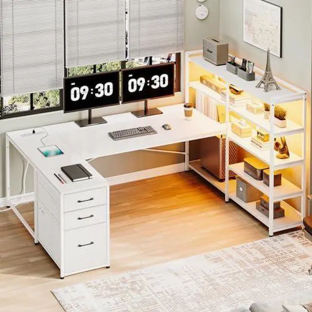 Main image of L Shaped Gaming Desk with Hutch, Gaming Desk with Led Lights, Reversible Computer Desk with Power Outlet, Corner Desk with File Drawer & Monitor Stand, Storage Shelves for Home Office, White