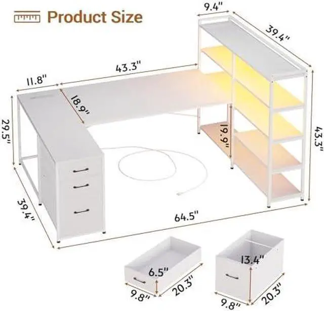 Alt view image 2 of 7 - L Shaped Gaming Desk with Hutch, Gaming Desk with Led Lights, Reversible Computer Desk with Power Outlet, Corner Desk with File Drawer & Monitor Stand, Storage Shelves for Home Office, White
