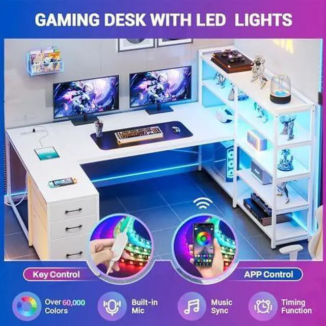 Alt view image 6 of 7 - L Shaped Gaming Desk with Hutch, Gaming Desk with Led Lights, Reversible Computer Desk with Power Outlet, Corner Desk with File Drawer & Monitor Stand, Storage Shelves for Home Office, White