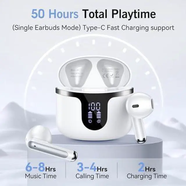 Alt view image 2 of 6 - Wireless Earbuds Bluetooth Headphones 5.3 Stereo 50 Hour Playback Ear Buds with LED Display and with 4 ENC Noise Cancelling Mic Wireless Earphones, for Phone, Tablet, Laptop, Sports, Black