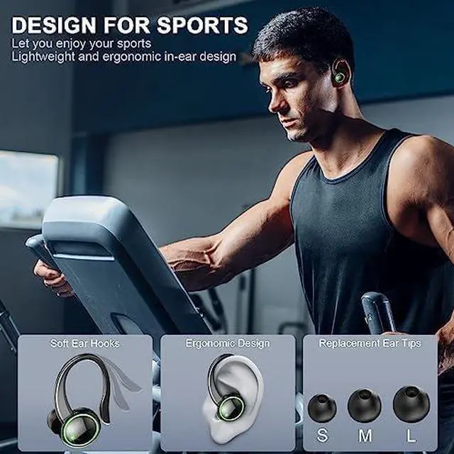 Alt view image 3 of 5 - Wireless Earbuds, Bluetooth 5.4 Headphones with Noise Cancelling Mic, Bass Stereo Earphones 50Hrs with LED Display, IP7 Waterproof Earbuds with Earhooks, Ear Buds for Sports, Black