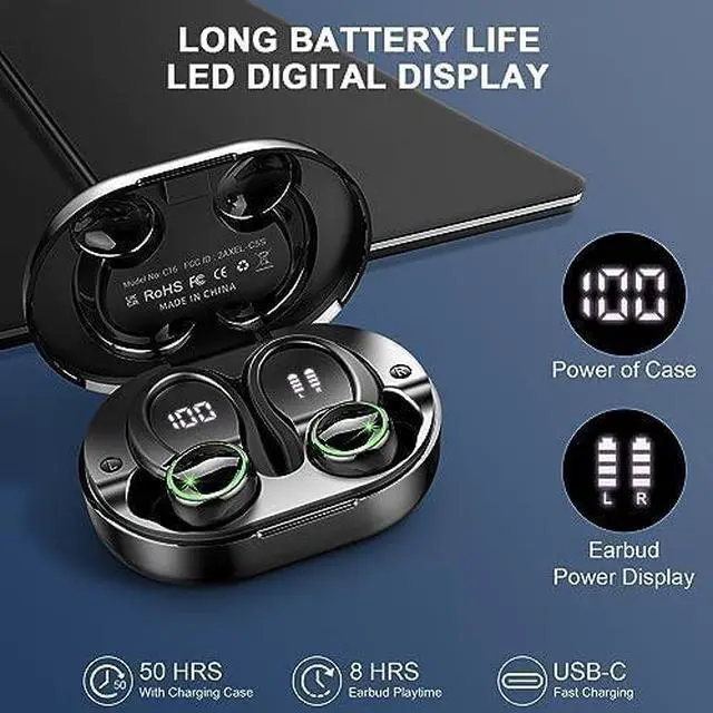 Alt view image 4 of 5 - Wireless Earbuds, Bluetooth 5.4 Headphones with Noise Cancelling Mic, Bass Stereo Earphones 50Hrs with LED Display, IP7 Waterproof Earbuds with Earhooks, Ear Buds for Sports, Black