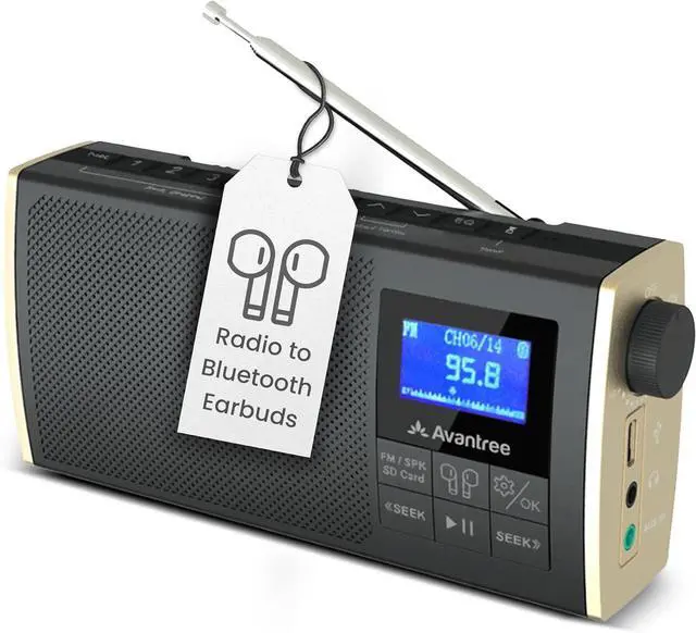 Main image of Avantree Soundbyte T - 4-in-1 FM Radio with Bluetooth Speaker, Wireless Streaming to Bluetooth Earbuds or Home Stereo, MP3 Player via SD Card - Rechargeable Portable Device