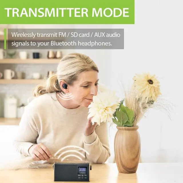Alt view image 3 of 7 - Avantree Soundbyte T - 4-in-1 FM Radio with Bluetooth Speaker, Wireless Streaming to Bluetooth Earbuds or Home Stereo, MP3 Player via SD Card - Rechargeable Portable Device