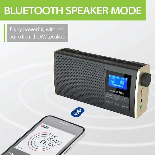 Alt view image 4 of 7 - Avantree Soundbyte T - 4-in-1 FM Radio with Bluetooth Speaker, Wireless Streaming to Bluetooth Earbuds or Home Stereo, MP3 Player via SD Card - Rechargeable Portable Device