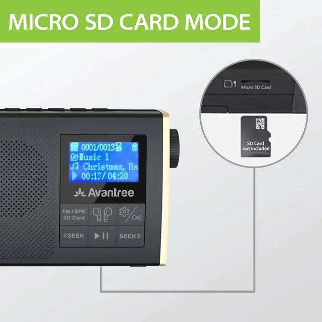 Alt view image 5 of 7 - Avantree Soundbyte T - 4-in-1 FM Radio with Bluetooth Speaker, Wireless Streaming to Bluetooth Earbuds or Home Stereo, MP3 Player via SD Card - Rechargeable Portable Device