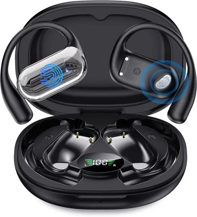 Main image of EUQQ Open Ear Bluetooth 5.4 Earbuds, Wireless Headphones Sport Over Earphones Built-in Mic with Ear Hooks 50H Playtime with LED Display Charging Case Ergonomic IPX7 Waterproof for Running Fitness