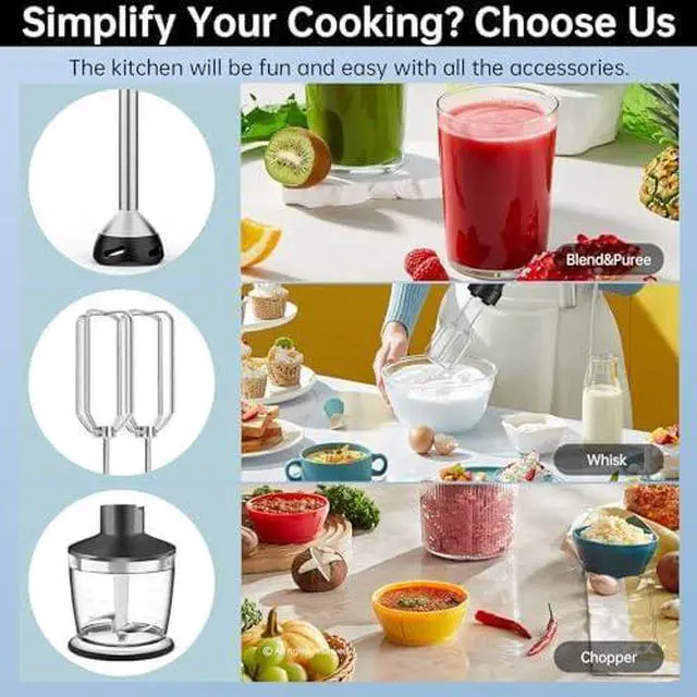 Alt view image 3 of 6 - Immersion Blender 1000 Watts Scratch Resistant Hand Blender,20 Speed and Turbo Mode Hand Mixer, 3-in-1 Heavy Duty Copper Motor Stainless Steel Smart Stick with Egg Beaters and Chopper