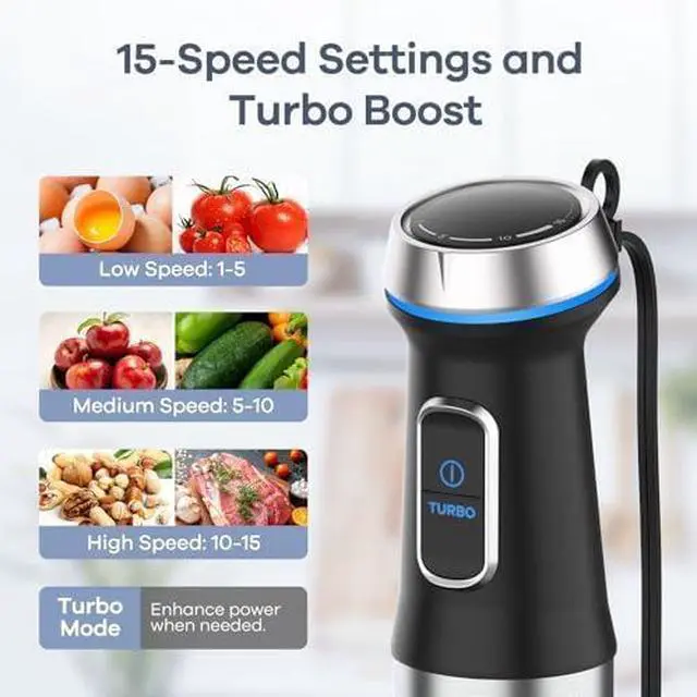 Alt view image 4 of 7 - Immersion Blender Handheld, 6 in 1 Hand Blender Stainless Steel Blade, 15 Speed Stick Blenders Electric, 800ml Mixing Beaker, 600ml Chopper, Whisk, Frother, Potato Masher