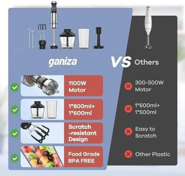 Alt view image 6 of 7 - Immersion Blender Handheld, 6 in 1 Hand Blender Stainless Steel Blade, 15 Speed Stick Blenders Electric, 800ml Mixing Beaker, 600ml Chopper, Whisk, Frother, Potato Masher