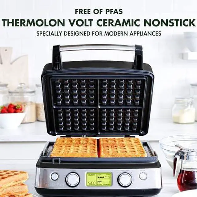 Main image of Elite 4-Square Belgian & Classic Waffle Maker,Healthy Ceramic Nonstick Dishwasher Safe Plates, Adjustable Shade/Crunch Control, Wont Overflow, Easy Cleanup Breakfast, PFAS-Free, White