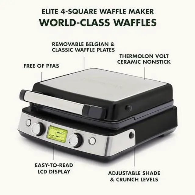 Alt view image 3 of 6 - Elite 4-Square Belgian & Classic Waffle Maker,Healthy Ceramic Nonstick Dishwasher Safe Plates, Adjustable Shade/Crunch Control, Wont Overflow, Easy Cleanup Breakfast, PFAS-Free, White