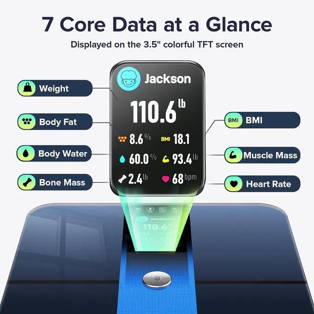 Alt view image 2 of 7 - Smart Scale for Body Weight and Fat Percentage FSA HSA Eligible, 3.5" TFT Color Display High Precision Digital Bathroom Scale BMI Heart Rate 22 Body Composition Analyzer Sync with Fitness App