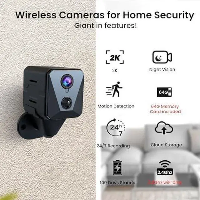 Alt view image 2 of 6 - Security Camera, 2K WiFi Indoor Camera with 64G SD Card, 100 Days Standby Battery Life, Clear Night Vision, AI Motion Detection, Real-Time Record Security Wireless Surveillance Camera