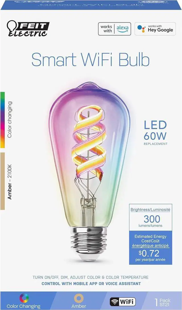 Alt view image 3 of 6 - Electric ST21 Smart Spiral LED Filament Edison Bulb, 60W Equiv, RGBW Color Changing, Dimmable, 2.4GHz Wi-Fi Enabled, Works with Alexa & Google Home, App Control, ST2160/RGBW/FIL/AG/4, 4 Pack