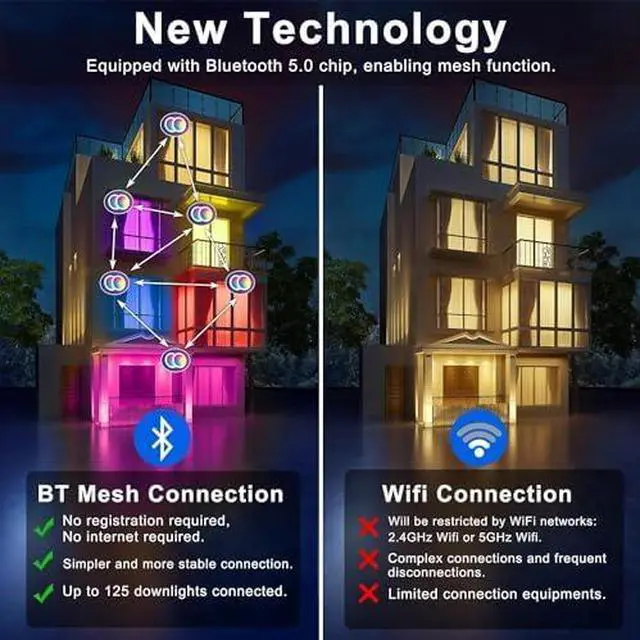 Alt view image 2 of 6 - Smart Recessed Lighting 6 Inch RGBCW Color Changing 16W LED Downlight with Junction Box,1350 Lumen Recessed Ceiling Light Compatible with Alexa,Dimmable by Bluetooth Control -6Pack