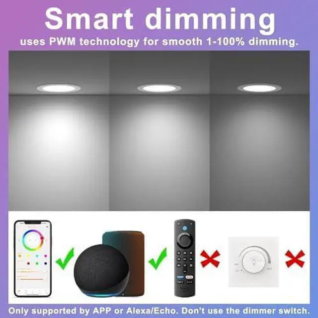 Alt view image 4 of 6 - Smart Recessed Lighting 6 Inch RGBCW Color Changing 16W LED Downlight with Junction Box,1350 Lumen Recessed Ceiling Light Compatible with Alexa,Dimmable by Bluetooth Control -6Pack