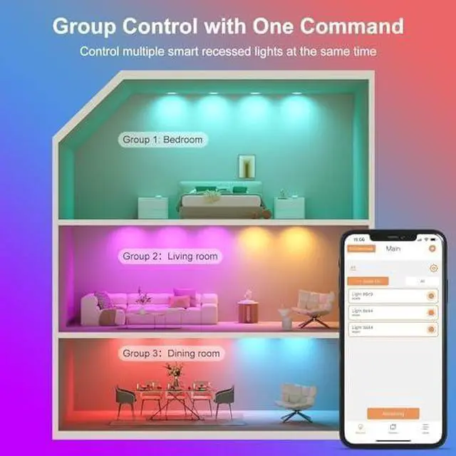 Alt view image 5 of 6 - Smart Recessed Lighting 6 Inch RGBCW Color Changing 16W LED Downlight with Junction Box,1350 Lumen Recessed Ceiling Light Compatible with Alexa,Dimmable by Bluetooth Control -6Pack