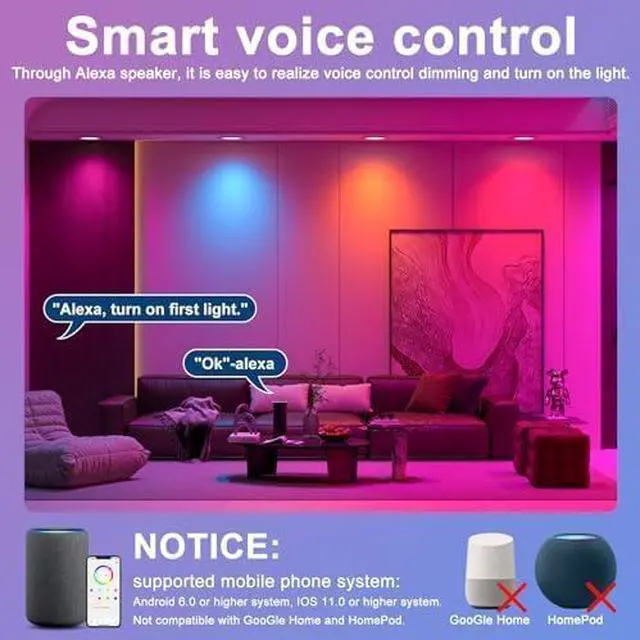 Alt view image 2 of 6 - Smart Recessed Lighting 6 Inch RGBCW Color Changing 16W LED Recessed Ceiling Light with Junction Box,1350LM Canless Wafer Downlight Compatible with Alexa,Dimmable by Bluetooth Control -6 Pack