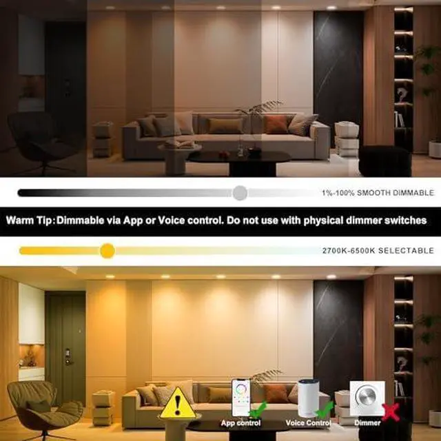 Alt view image 5 of 6 - Smart Recessed Lighting 6 Inch RGBCW Color Changing 16W LED Recessed Ceiling Light with Junction Box,1350LM Canless Wafer Downlight Compatible with Alexa,Dimmable by Bluetooth Control -6 Pack