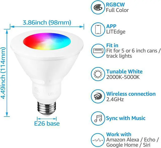 Alt view image 5 of 7 - PAR30 WiFi Smart Spotlight Bulbs, RGB LED Color Changing Light,10W, Google Assistant Amazon Alexa Compatible, 2000K-5000K Tunable White CCT, E26 Base, No Hub Required, Pack of 4