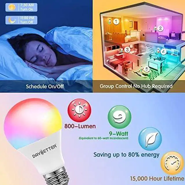 Alt view image 3 of 6 - Smart Light Bulbs, RGBCW WiFi Color Changing Led Bulbs, Smart Bulbs That Work with Alexa & Google Assistant, A19 E26 9W 800LM Multicolor Led Light Bulb, Led Ceiling Fan Light Bulbs, 20 Pack