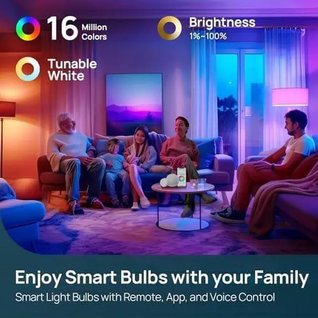 Alt view image 2 of 6 - Smart Light Bulbs, Smart Bulb That Work with Alexa & Google Home, LED Light Bulbs Color Changing, 104 Preset Scene, Music Sync, A19 E26 2.4GHz RGBTW WiFi Bluetooth Light Bulb 60W, 800LM, 4Pack