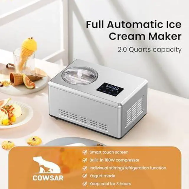 Alt view image 2 of 13 - 1.6 Quart Ice Cream Maker Machine with Built-in Compressor, Fully Automatic and No Pre-freezing, Frozen Yogurt, Keep-cooling and Timer, Stainless Steel