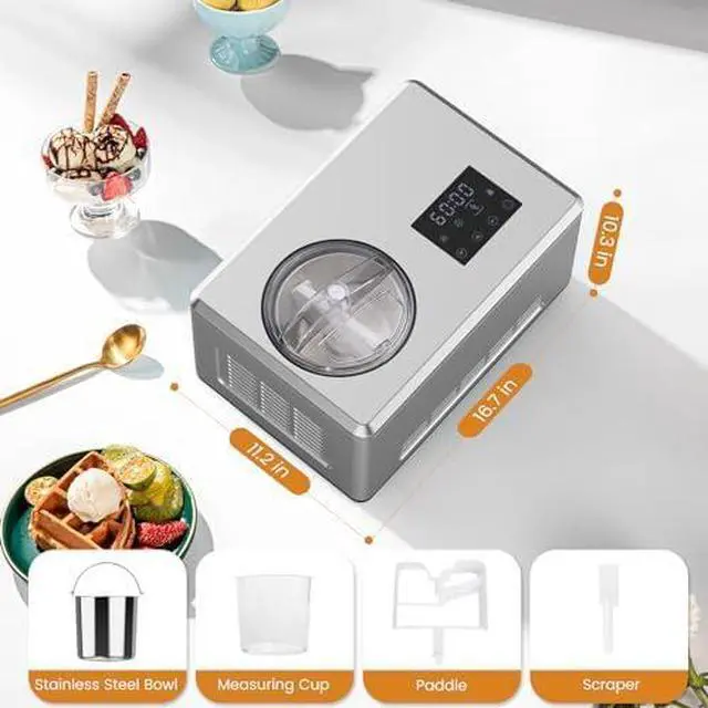 Alt view image 6 of 13 - 1.6 Quart Ice Cream Maker Machine with Built-in Compressor, Fully Automatic and No Pre-freezing, Frozen Yogurt, Keep-cooling and Timer, Stainless Steel