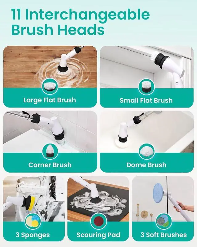 Alt view image 2 of 12 - Electric Spin Scrubber Cordless - Bathroom Scrubber with 11 Replaceable Heads - Long Handle Electric Cleaning Brush