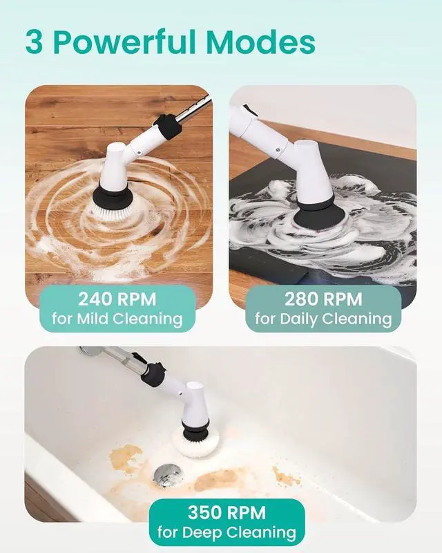 Alt view image 3 of 12 - Electric Spin Scrubber Cordless - Bathroom Scrubber with 11 Replaceable Heads - Long Handle Electric Cleaning Brush