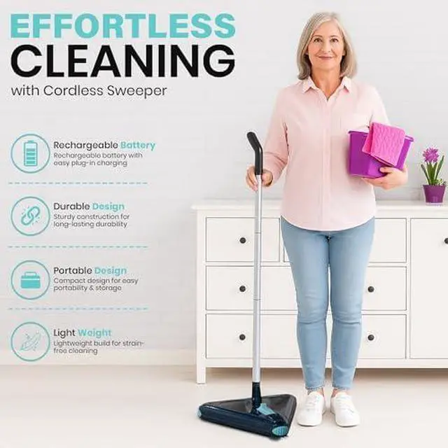 Alt view image 2 of 12 - Sweeper Standard - 2025 New and Improved Lightweight Sweeper, Perfect for Short Carpet Hardwood and Tile, Triangular Design Allows for Sweeping in Corners, LED Light, 30 Minutes Cleaning Time
